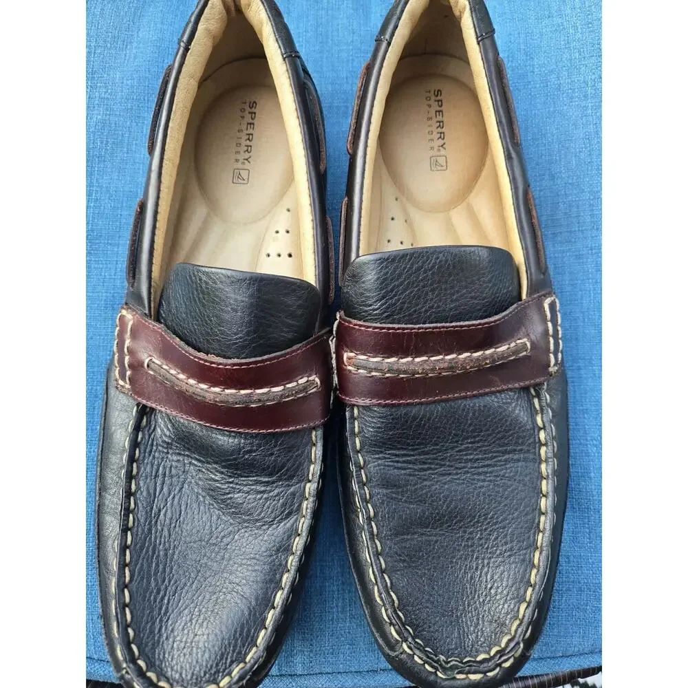 Men’s 9.5 M Sperry Top Sider Driving Mocs Loafers Black Brown Leather Cushioned